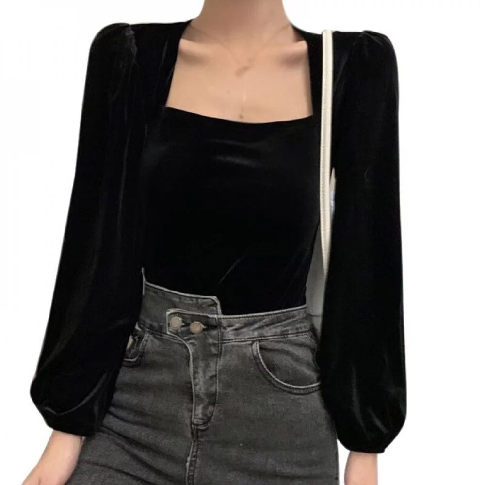 Big Sale!!French Design Niche Short Shirt Women Retro Square Collar Puff Sleeve Velvet Blouses Bl... | Walmart (US)