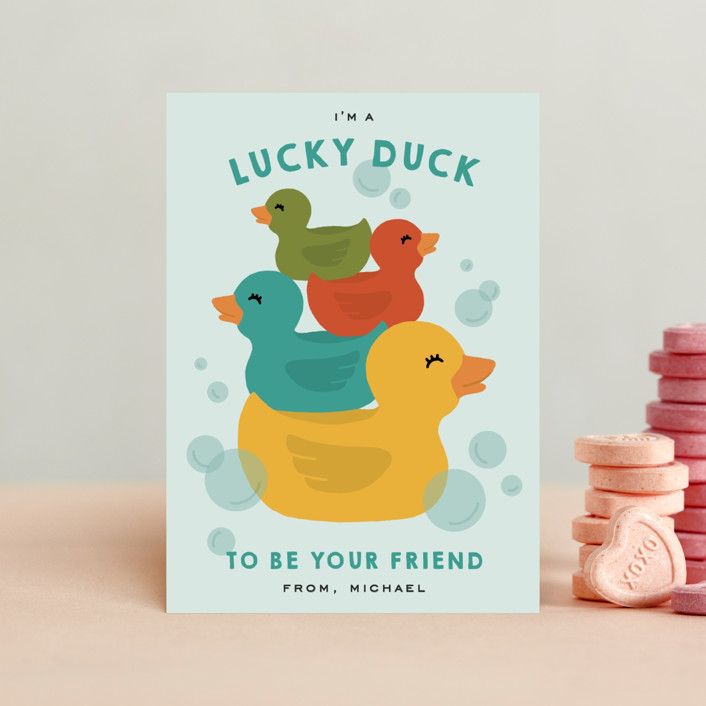 "Rubber Ducks" - Customizable Classroom Valentine's Day Cards in Green by Michelle Taylor. | Minted