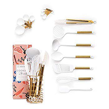 White and Gold Cooking Utensils with Stainless Steel Gold Utensil Holder - 16-Piece Set Includes Whi | Walmart (US)