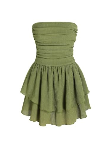 CIDER Women's Summer Cocktail Dress - Tube Ruched Ruffle Mini Dress: Green, XXS | Amazon (US)