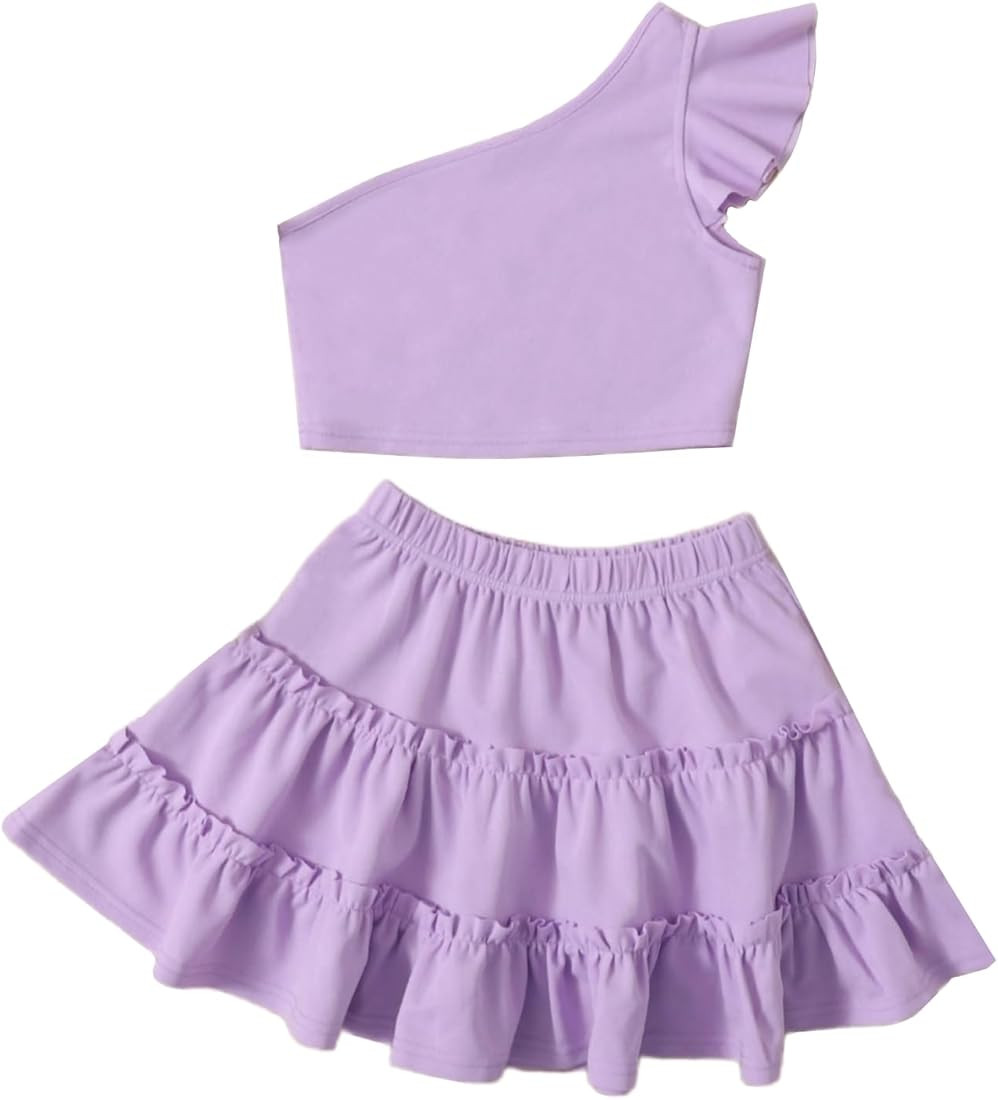 SHENHE Girl's Two Piece Outfits One Shoulder Cap Sleeve Crop Top and Skirt Set | Amazon (US)