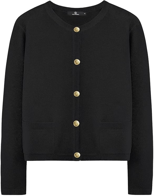 LILLUSORY Women's Casual Dressy Cardigan Sweaters Crew Neck Lady Jacket with Patch Pockets | Amazon (US)
