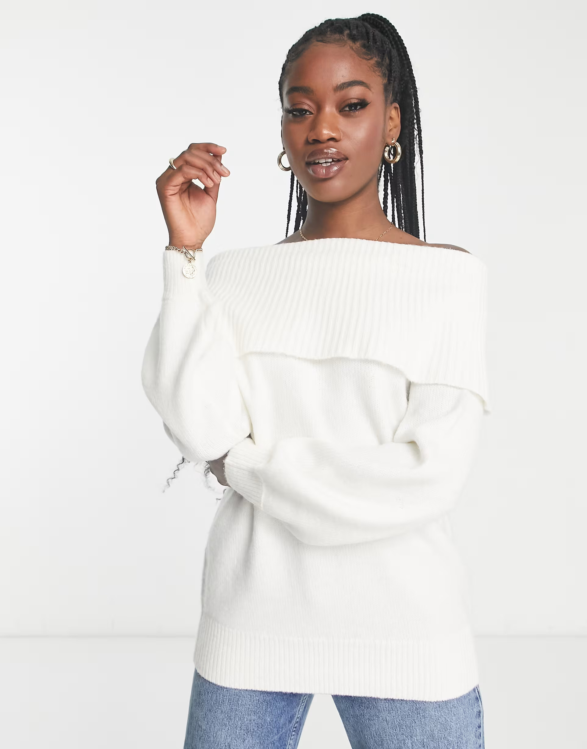 Miss Selfridge longline foldover bardot sweater in cream | ASOS (Global)