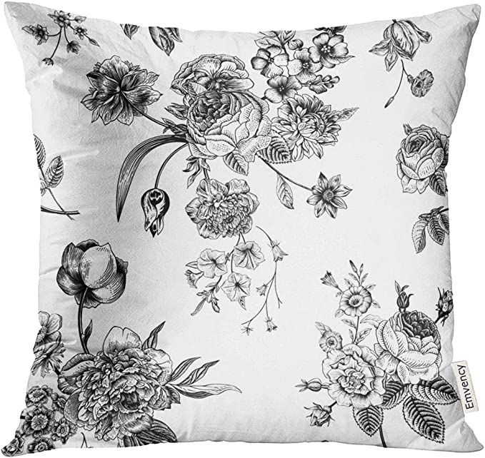 UPOOS Throw Pillow Cover Floral Vintage with Victorian Bouquet of Black Flowers on White Garden R... | Amazon (US)