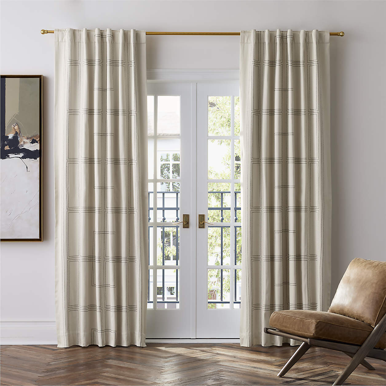 Embroidered Craftsman Ivory/Midnight Navy Organic Cotton Sateen Blackout Window Curtain Panel 52"... | Crate & Barrel