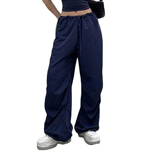 Women Baggy Cargo Pants Low Rise Drawstring Cargo Pants 90s Streetwear Lightweight Hippie Joggers with Pockets (Navy Blue, M) | Amazon (US)