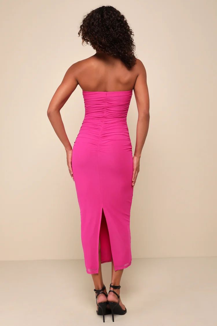 Late Night Crush Magenta Mesh Ruched Strapless Midi Dress | Lulus