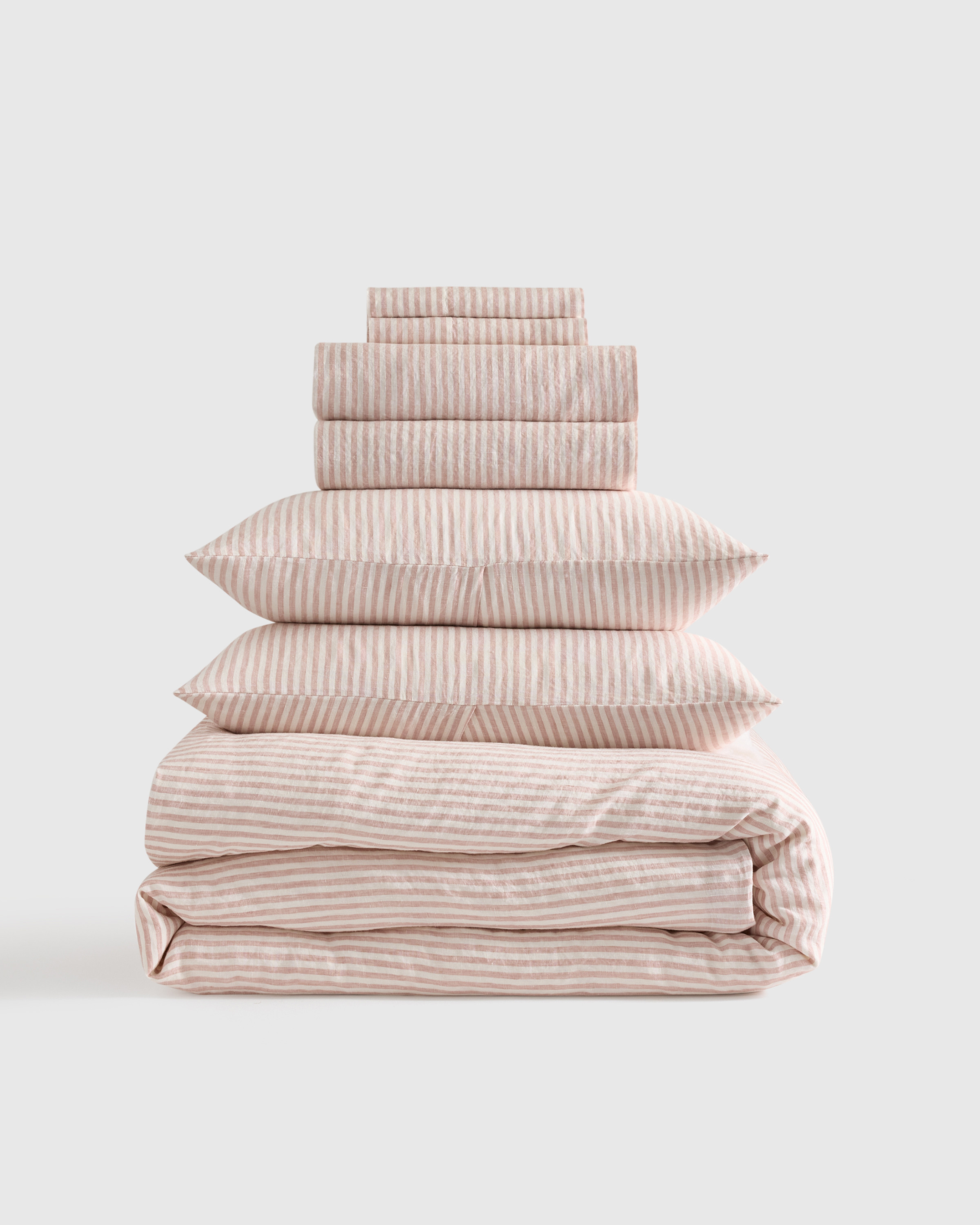 Quince | European Linen Deluxe Bedding Bundle in Dusty Mauve/White Stripe, Size Twin | Quince