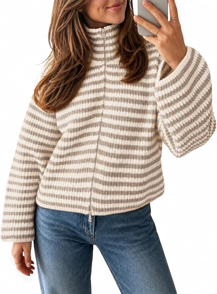 Saodimallsu Womens Striped Zip Up Sweaters Mock Neck 2026 Fall Trendy Casual Long Sleeve Loose Fi... | Amazon (US)