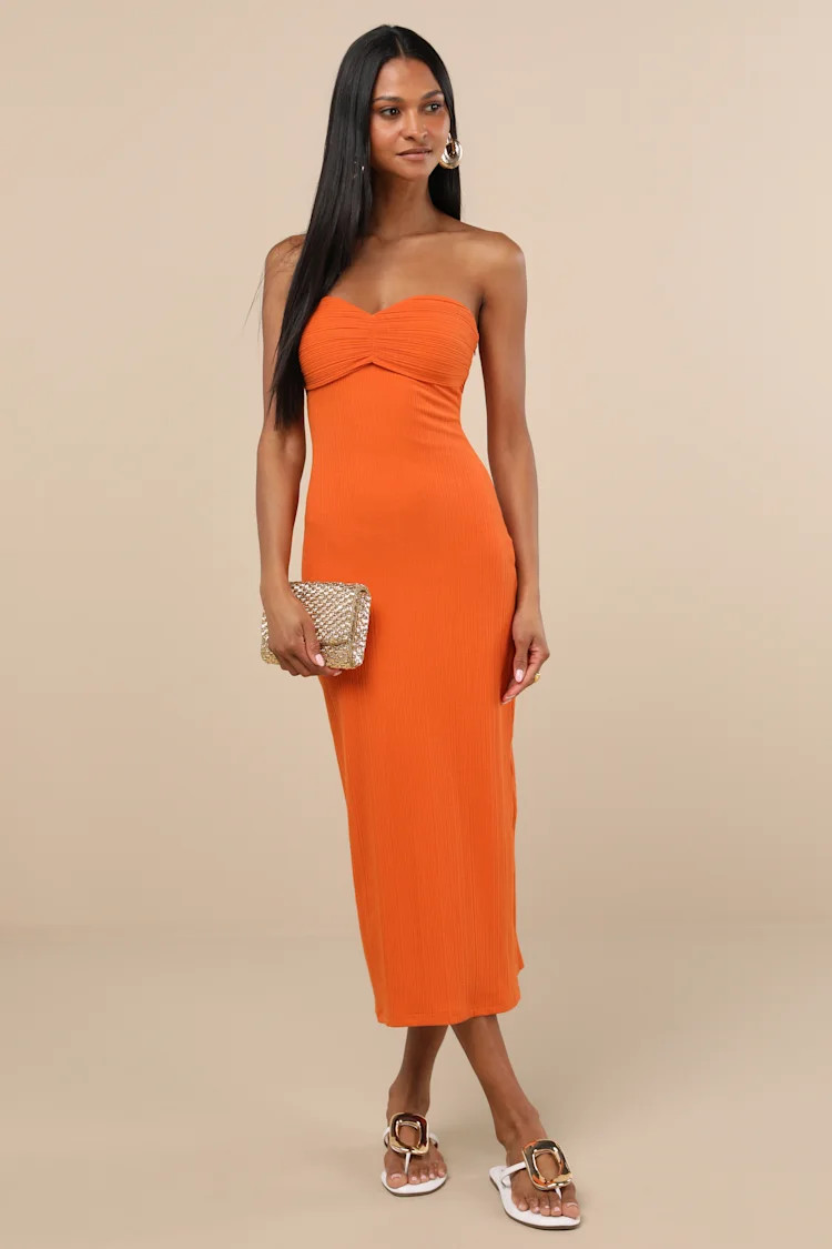 Basilia Orange Ribbed Strapless Midi Dress | Lulus