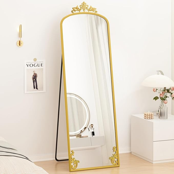 Arched Full Length Mirror with Carved Metal Frame, 65" x 21" Gold Floor Length Mirror with Stand,... | Amazon (US)
