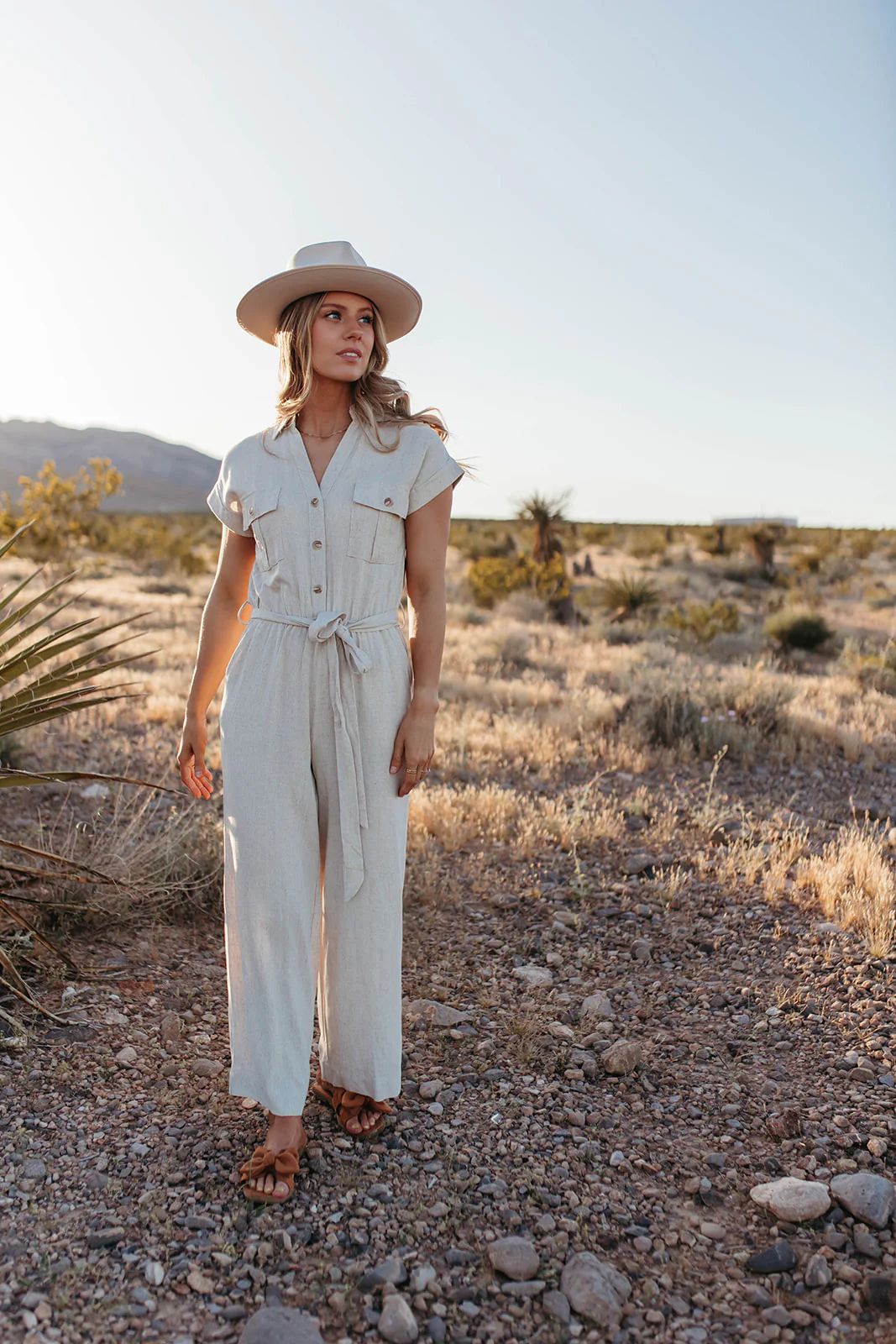 THE KARINA BUTTON DOWN BELTED JUMPSUIT IN NATURAL | Pink Desert