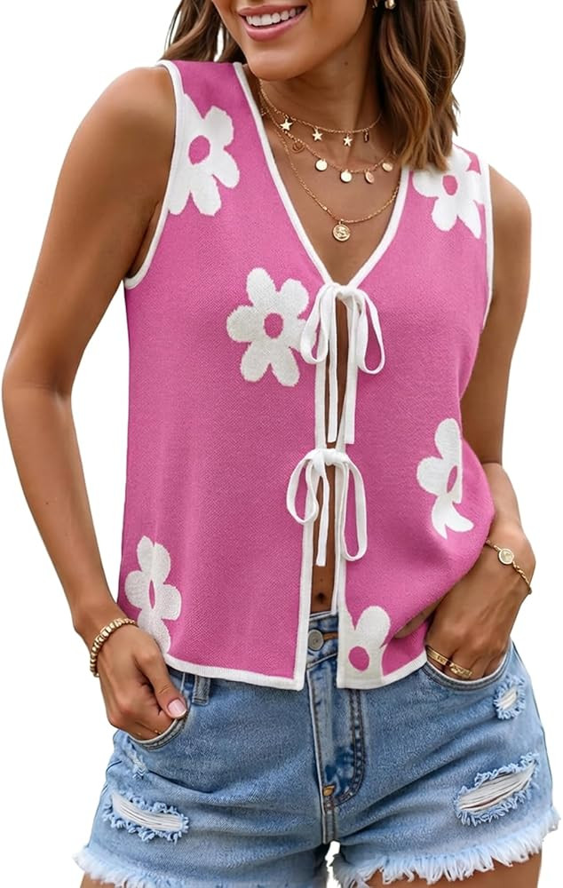 ZESICA Women's Tie Front Sweater Vest Summer Print Sleeveless Knit Y2k Tank Tops 2026 Trendy Clot... | Amazon (US)