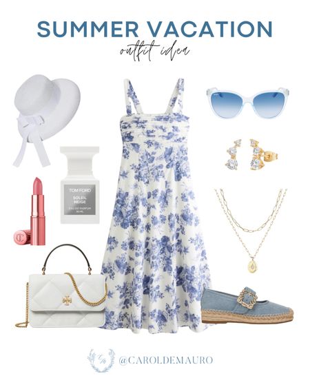 Love this blue floral sleeveless midi dress paired with a white straw hat, white shoulder bag, denim mary jane espadrilles, and more! Perfect for your next summer vacation!
#outfitidea #transitionalstyle #summerfashion #vacationwear

#LTKStyleTip #LTKShoeCrush #LTKSeasonal