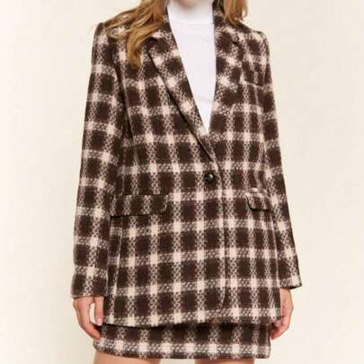 Women's Casual Blazer Chic Retro Plaid Brushed One Button Plaid Outerwear Jacket Top Brown Checkered Long Sleeve Lined Blazer With Pockets Fit For Spr | SHEIN