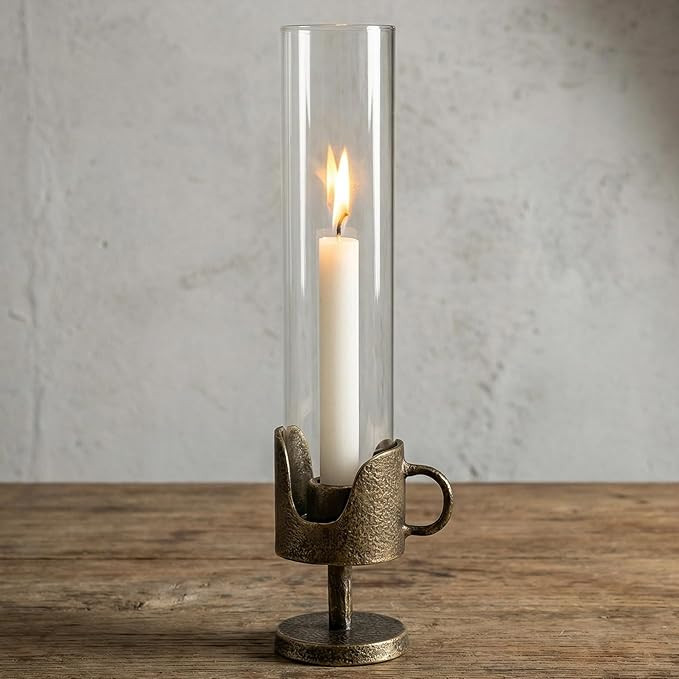 Handcrafted Cast Iron Base Hurricane Candle Holder with Glass Shade - Elegant Vintage Candle Stan... | Amazon (US)