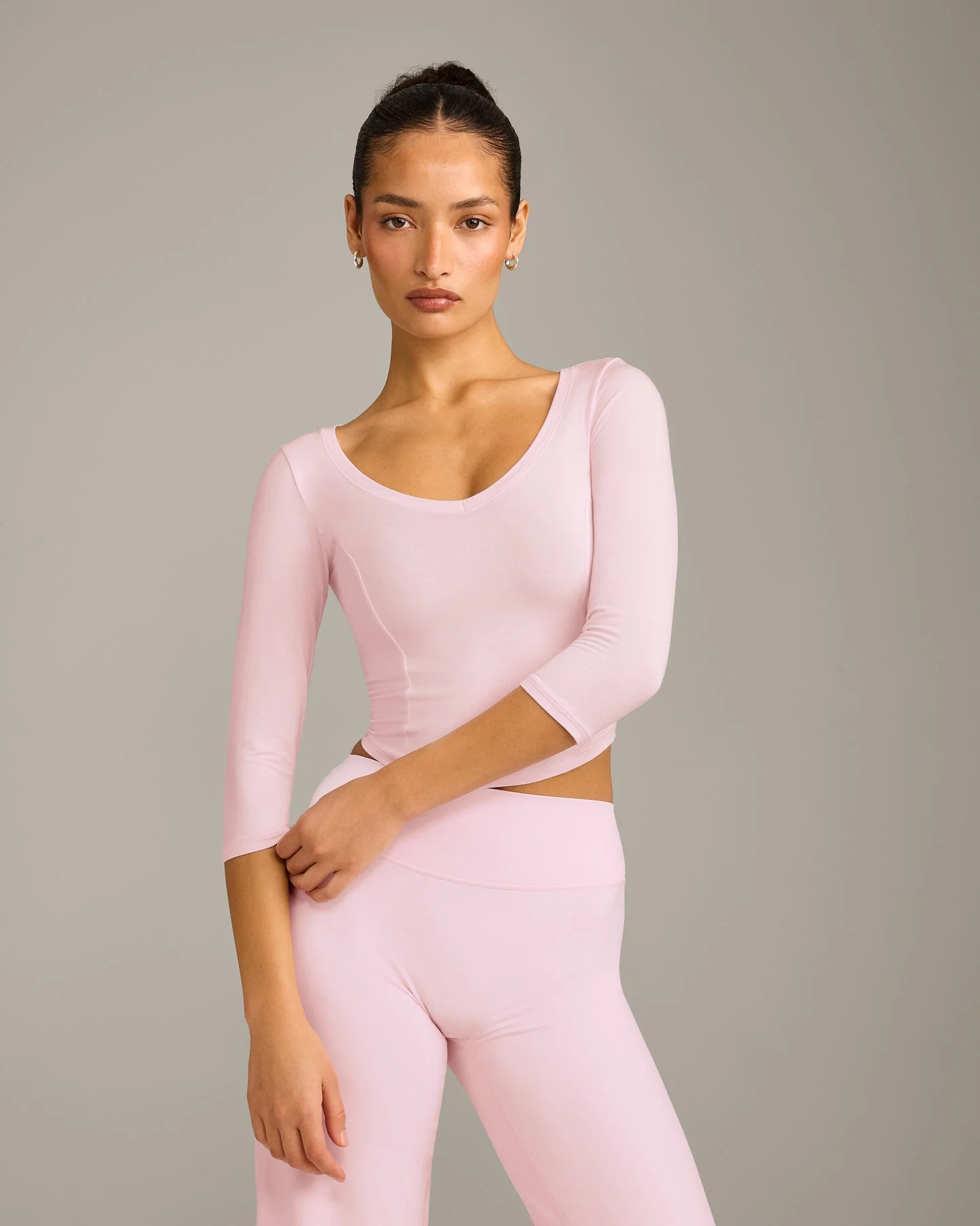 Mellow\u2122 Motion Wide V Neck 3/4 Length Sleeve Mid Top | Soft Girl Pink | Oner Active (UK / US)