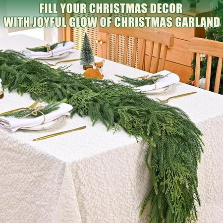 HYTHU-12 Ft Norfolk Pine Garland, Christmas Garland with Lights, Real Touch Realistic Greenery Cedar Garland for Mantle Table Indoor Outdoor Christmas Decorations | Walmart (US)