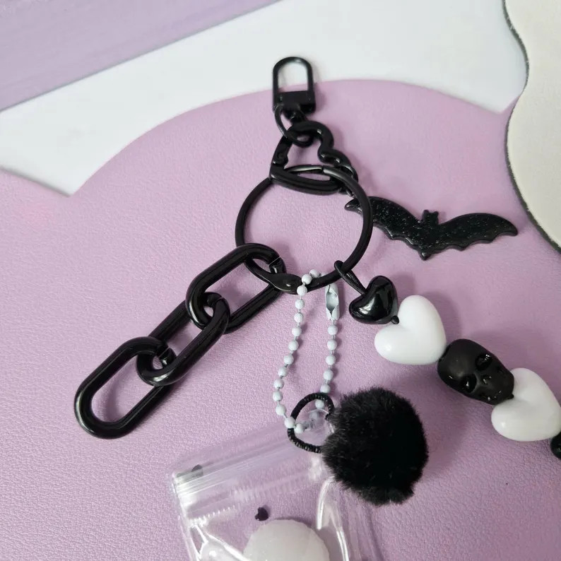 Cute Kawaii Black & White Keychain Monochrome Squishy Skull Bat Halloween Spooky Charms Skulls Po... | Etsy (US)