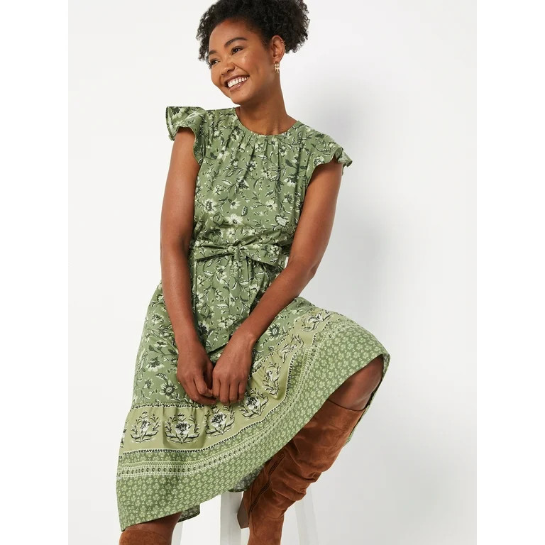 Time and Tru Women's Printed Midi Dress with Flutter Sleeves | Walmart (US)
