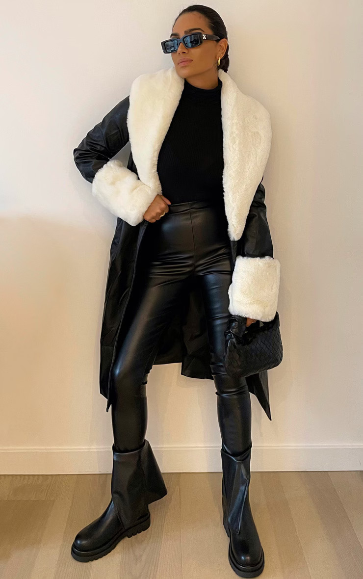 Black PU Detachable Faux Fur Midi Trench | PrettyLittleThing US