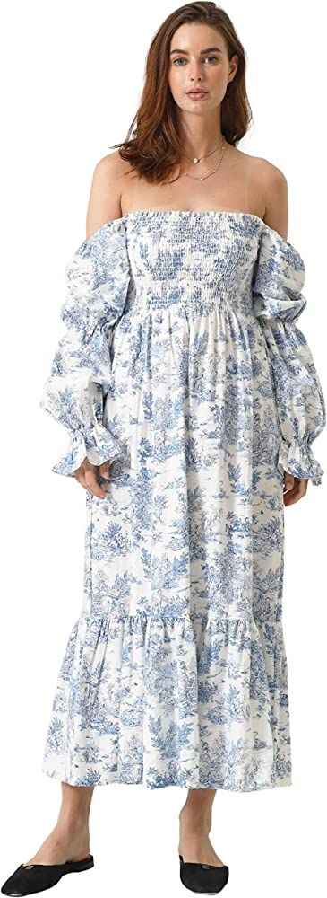 NOTHING FITS BUT Women Linen Cotton Dress, Floral Pattern Yuki Gown, Women Casual Dress, Off Shou... | Amazon (US)