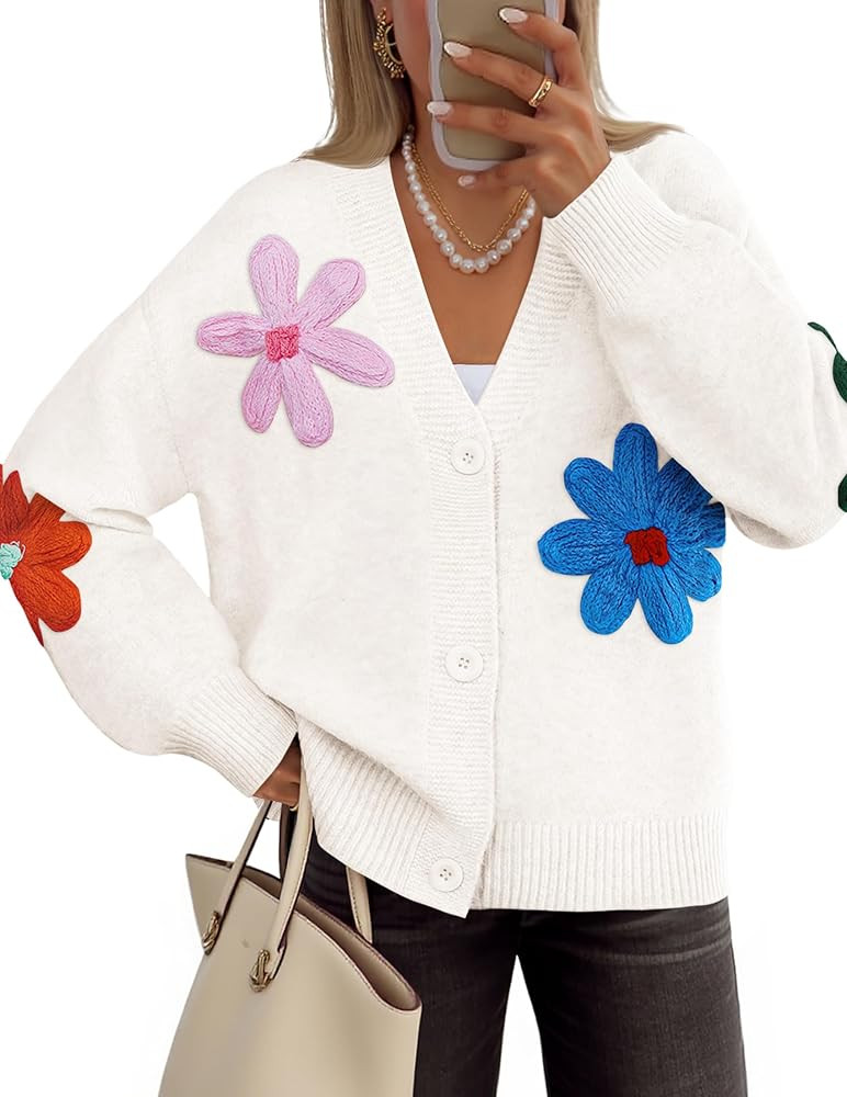 ZESICA Womens 2026 Spring Floral Cardigan Sweaters Casual Long Sleeve Open Front Button Down V Ne... | Amazon (US)
