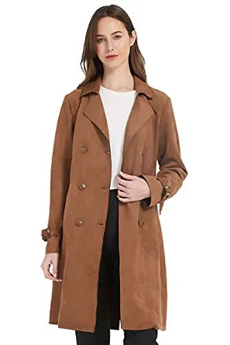 Giolshon Women's Faux Suede Trench Coat Classic Long Double Breasted Overcoat Belted Lapel Jacket... | Walmart (US)