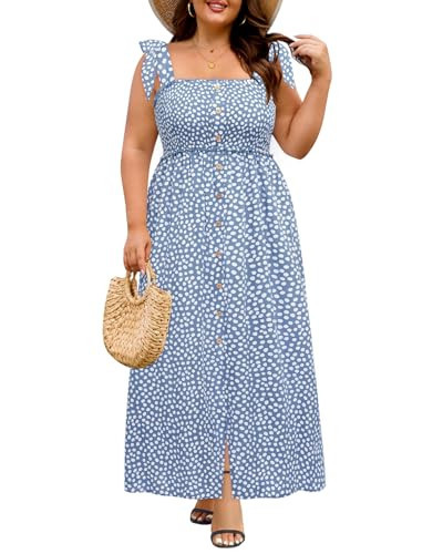 Plus Size Summer Dress Sun Maxi Boho Floral Casual Long Spaghetti Strap Smocked Button Down Flowy Spring Sundress | Amazon (US)