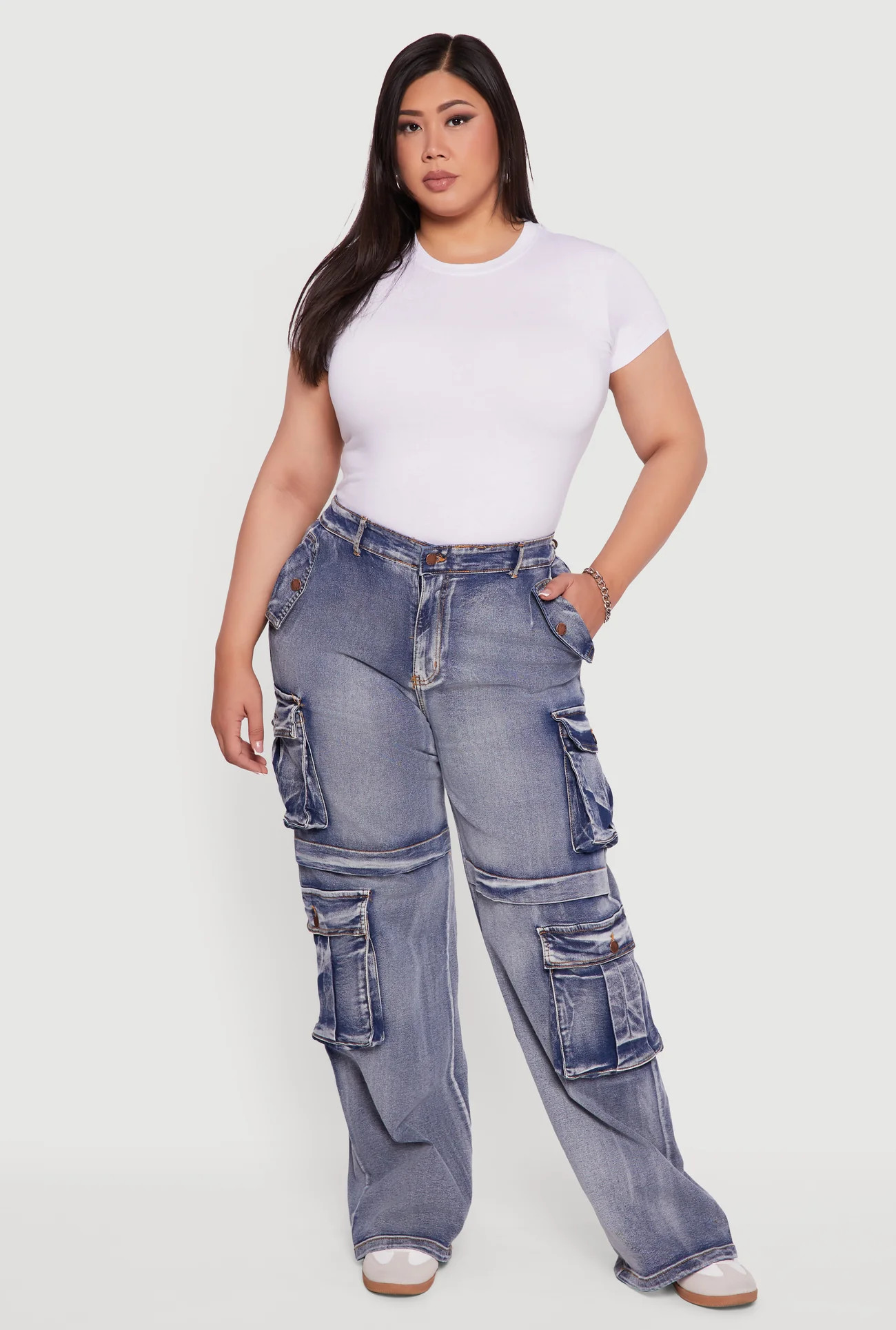 Plus Size Mineral Wash Straight Leg Cargo Jeans | Rainbow Shops