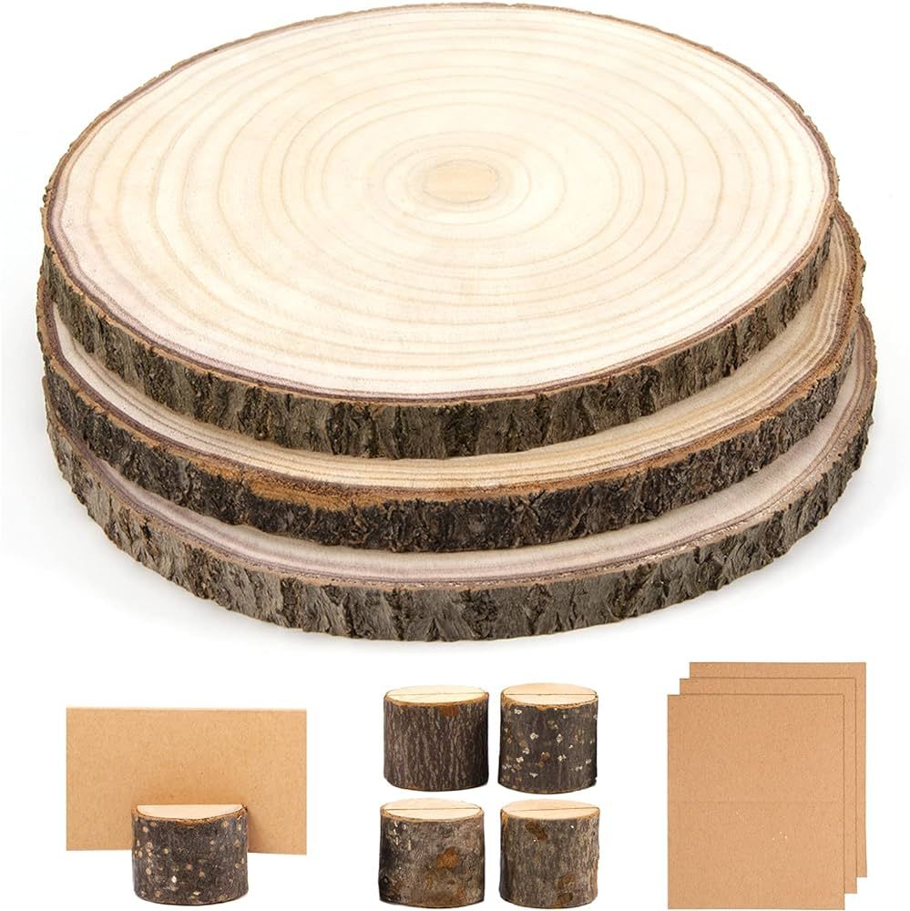 Pllieay 3 Pieces 9-10 Inch Wood Cake Stand Large Wood Slices Serving Tray, with 5 Pieces Cards an... | Amazon (US)