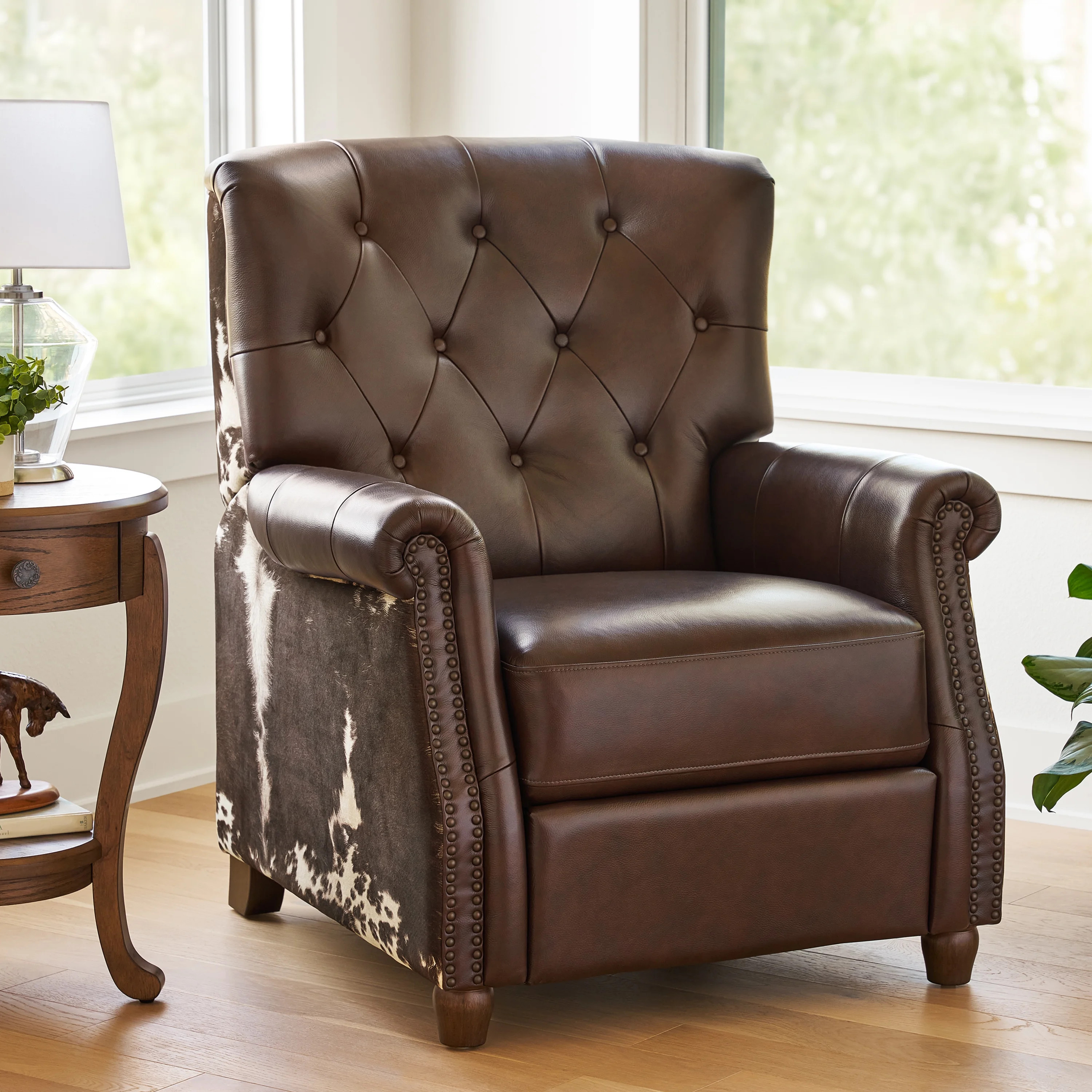 Pioneer Woman Harper Pushback Leather Recliner, Whiskey & Faux Cowhide Upholstery | Walmart (US)