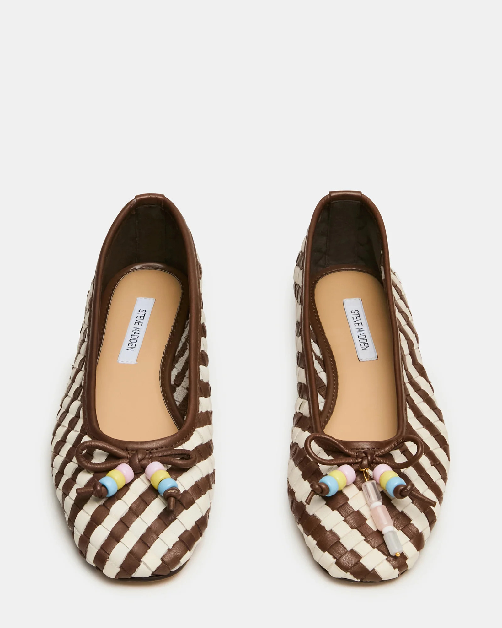 DIVY White/Brown Leather Woven Bow Ballet Round-Toe Women's Flat | Steve Madden (US)