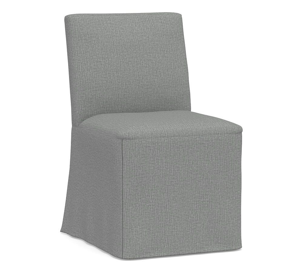 Classic Long Slipcovered Dining Side Chair, Gray Wash Frame, Performance Brushed Basketweave Chambray | Pottery Barn (US)