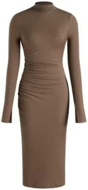 CIDER Long Sleeve Dress for Women High Neck Ribbed Knit Bodycon Ruched Midi Dress Cocktail Party ... | Amazon (US)