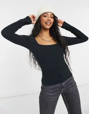 New Look square neck ribbed t-shirt in black | ASOS (Global)