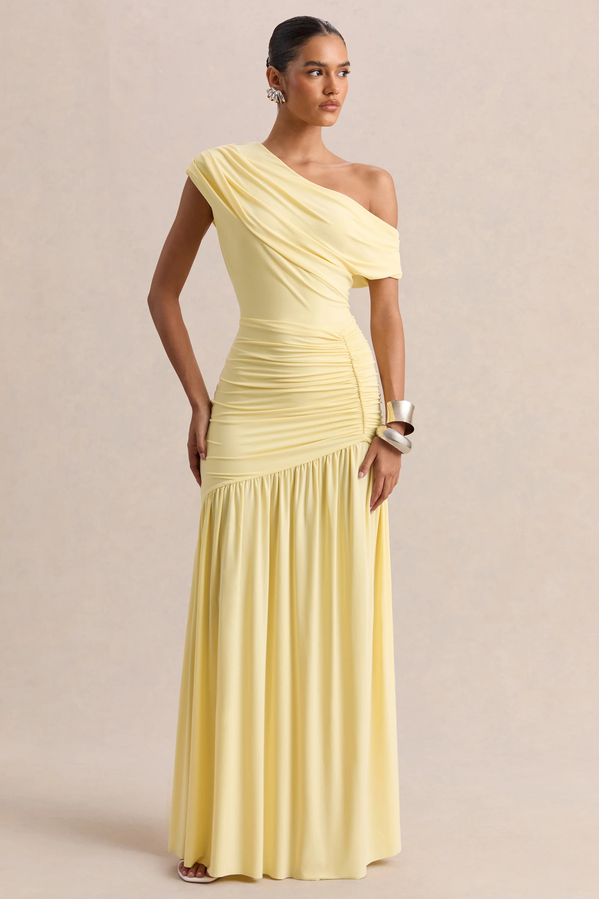 Kady | Lemon Asymmetric-Neck Maxi Dress With Ruched Detailing | Club L London