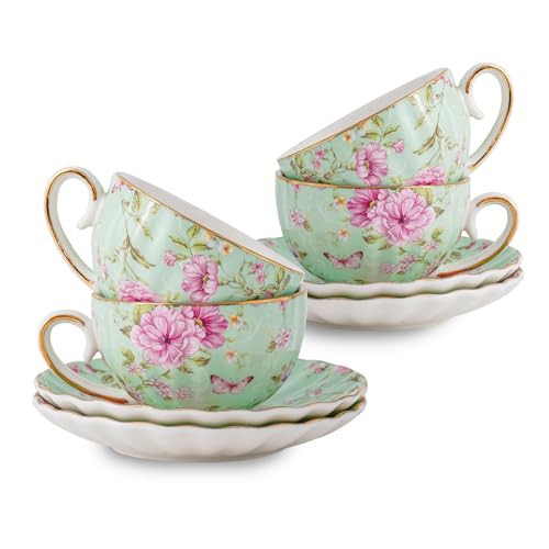 Agyiuns Tea Cup and Saucers, 6.4oz Floral Tea Cups with Gold Trim, Porcelain Bone China Teacup, Coffee Cappuccino Espresso Latte Mugs for Party Birthday,Party Cafe Home, Christmas Gift (Green) | Amazon (US)