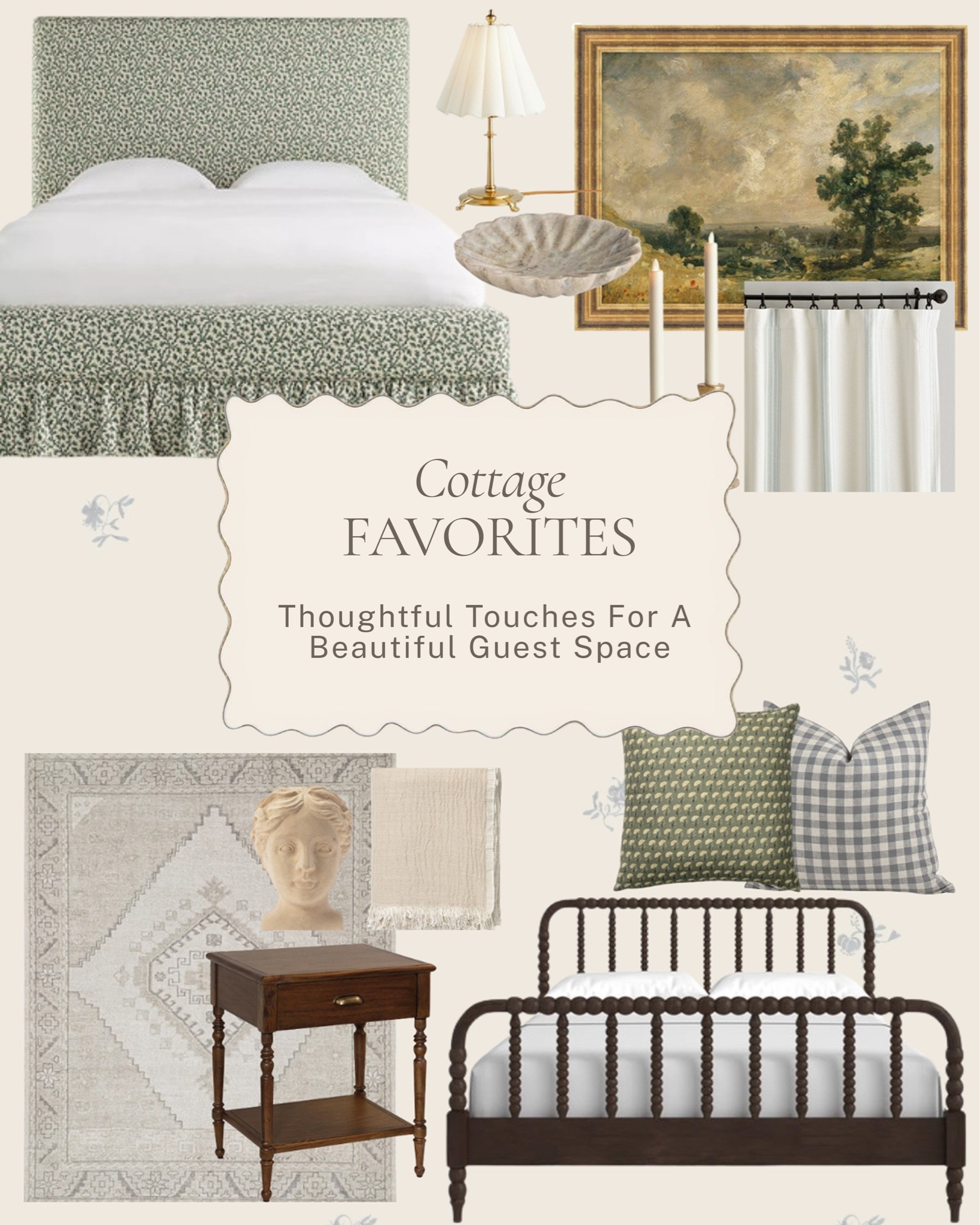 A guest room that makes people want to stay a little longer ✨ 

A few cottage favorites for a space that feels warm, thoughtful, and full of character: a printed skirted bed, a spool bed, vintage art, and those layered details that make a guest feel genuinely welcomed. 

All linked here 🤍 

#LTKhome