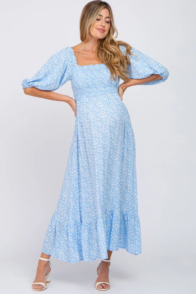 Blue Floral Smocked Maternity Maxi Dress | PinkBlush Maternity