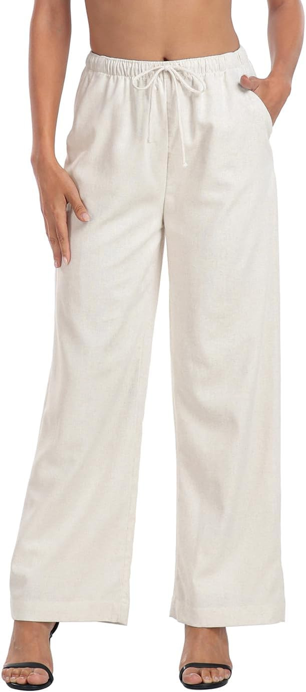 HDE Womens Linen Pull On Drawstring Pants High Waist Wide Leg Palazzo Beach Trouser Flowy Casual ... | Amazon (US)