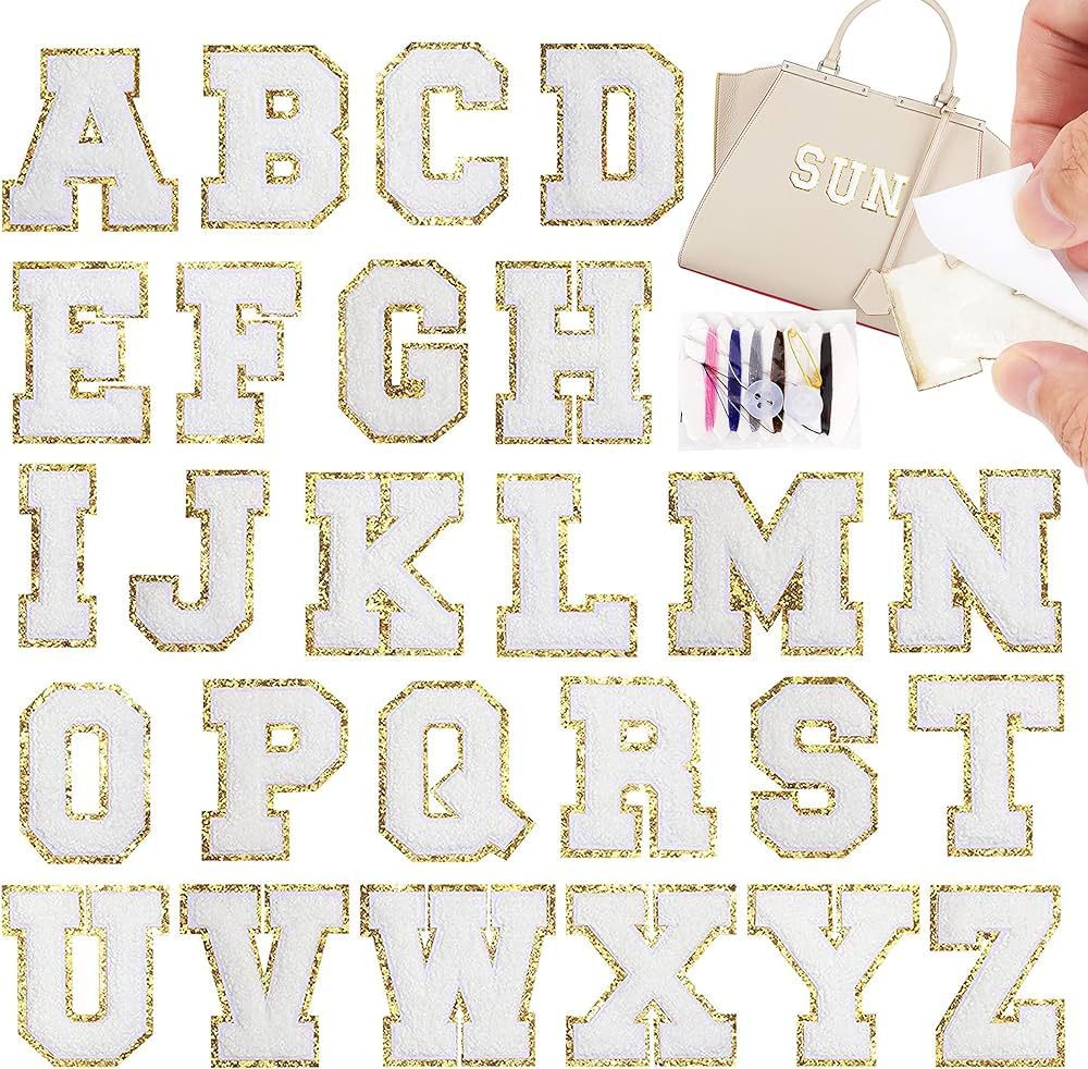 Self-Adhesive Iron on Letters Chenille Patches: 26PCS White Letter Patches Stickers Varsity Lette... | Amazon (US)