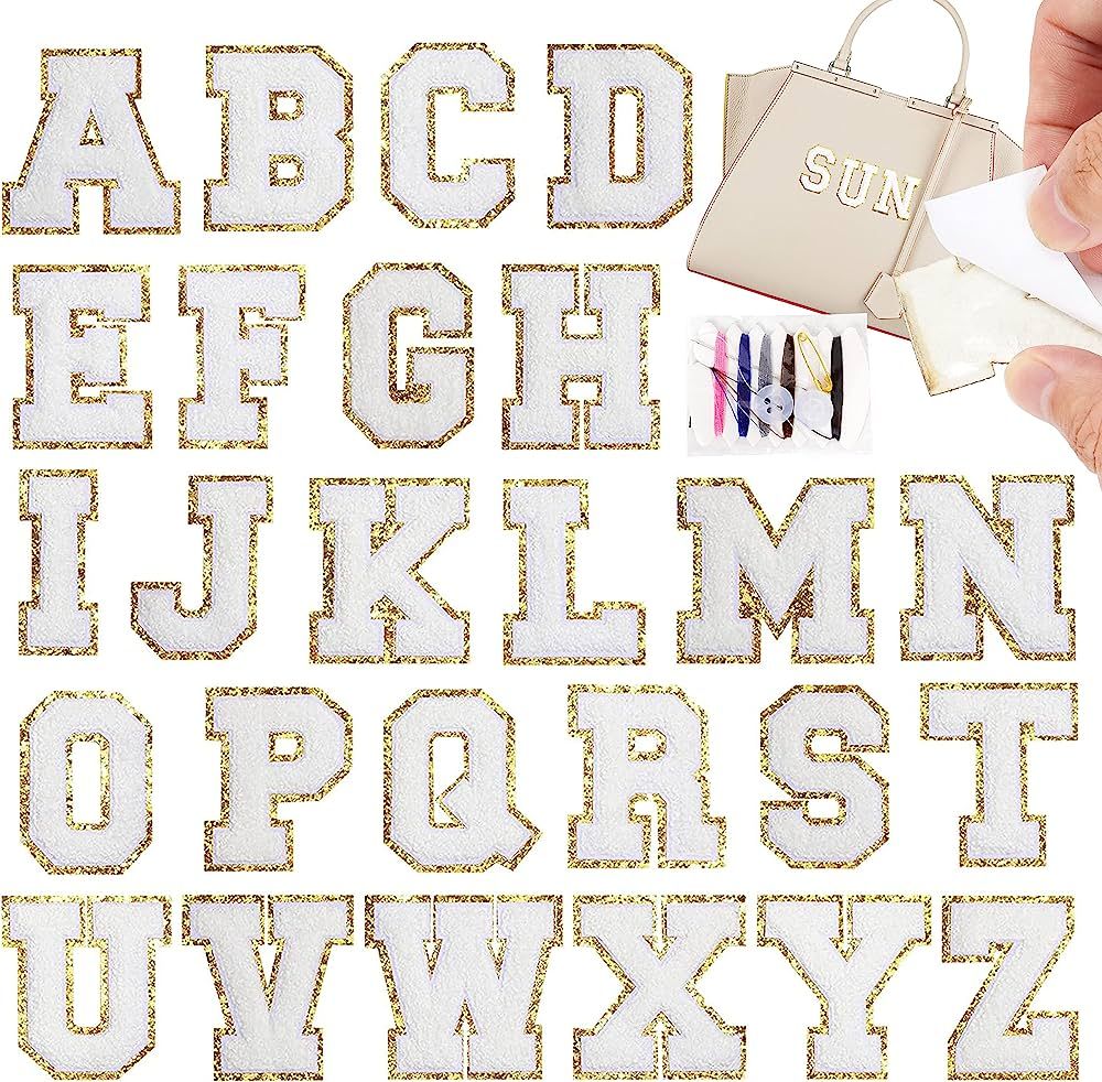 Self-Adhesive Iron on Letters Chenille Patches: 26PCS White Letter Patches Stickers Varsity Lette... | Amazon (US)