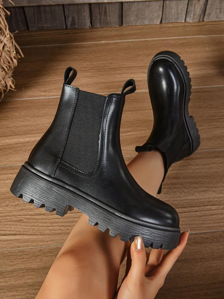 Women's Thick Sole Boots, Fashionable All-Match Chelsea Short Boots, Black Cargo Boots For Spring... | SHEIN