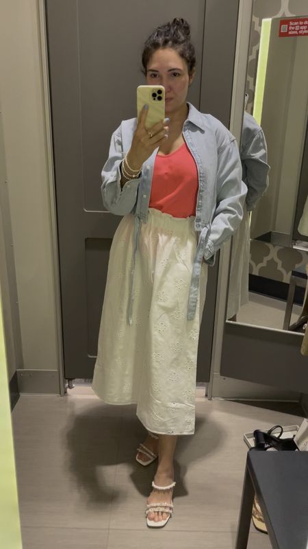 Target style, spring outfit, denim shirt, denim jacket, neon top, white skirt, white sandals, white heels, vacation outfit 

#LTKfindsunder50 #LTKstyletip