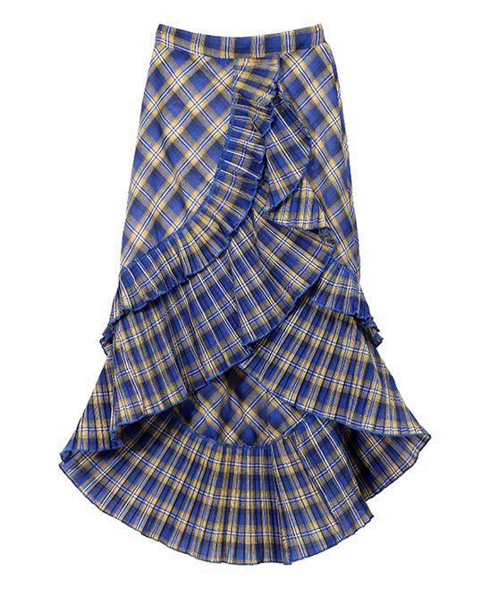 Blue Plaid Ruffle-Accent Hi-Low Midi Skirt | Zulily