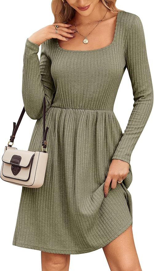 Zeagoo Womens Casual Sweater Dress Square Neck Knit Long Sleeve Dress with Pockets A-Line Knee Le... | Amazon (US)