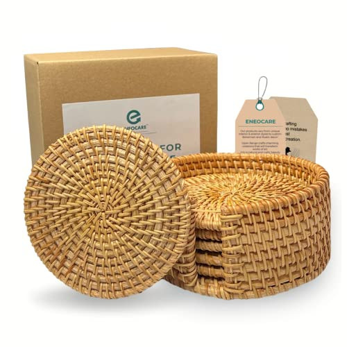 Eneocare Handmade Natural Rattan Coasters for Drinks, Wicker Boho Woven Set of 6 With Holder | Heat Resistant Reusable Saucers, Round Straw Trivet for Teacup | Amazon (US)