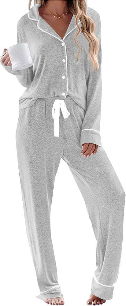 Womens Long Sleeve Pajamas Set Soft Sleepwear Button Down Shirt and Long Pants Pj Lounge Sets S-X... | Amazon (US)