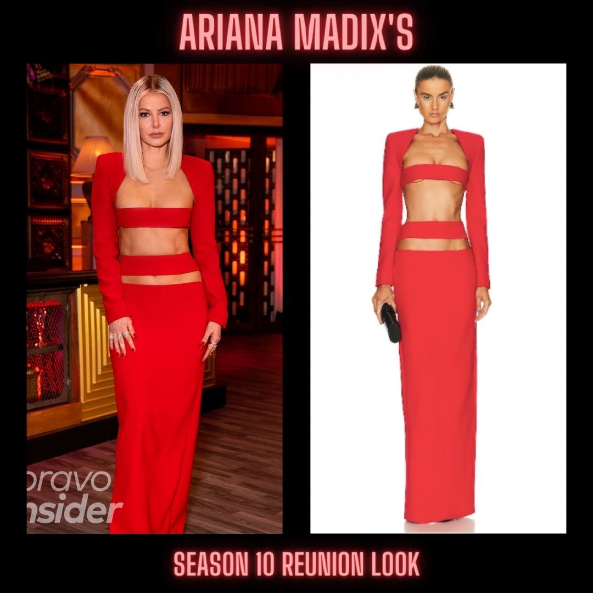 Ariana Madix’s Vanderpump Rules Season 10 Reunion Look / Red Cutout Jacket and Maxi Skirt 📸 = @bravodailydish